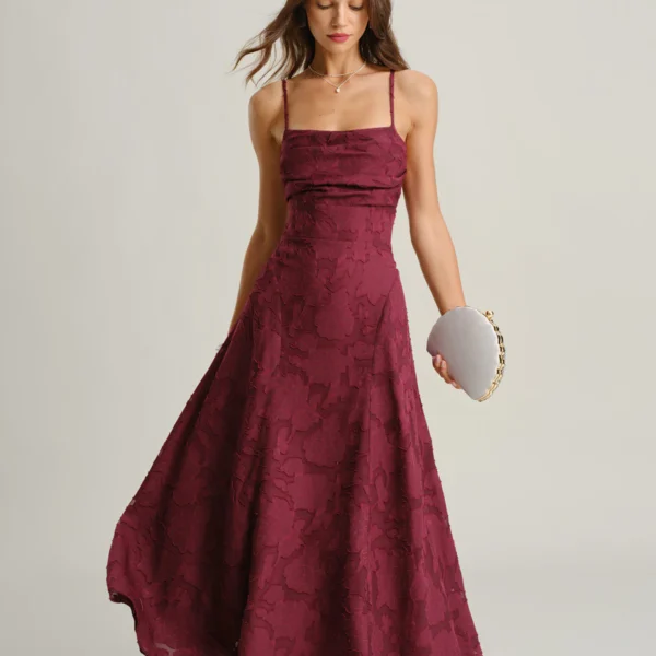 Wine Red Jacquard Slip Maxi Dress