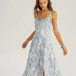 Blue Floral Ruched Slip Midi Dress