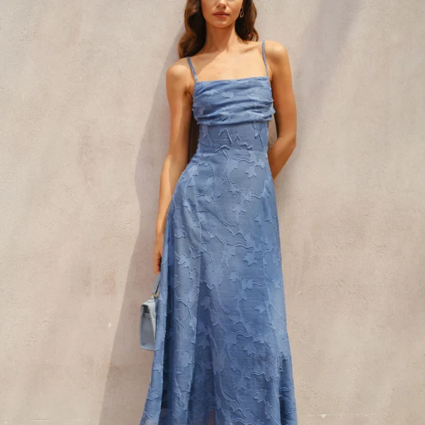 Blue Jacquard Ruched Slip Maxi Dress