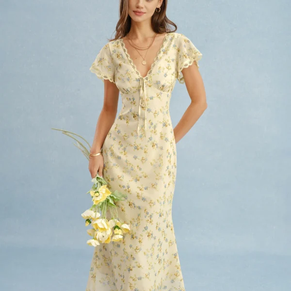 Yellow V Neck Lace Floral Maxi Dress