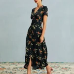 The Black V Neck Floral Short Sleeve Maxi Dress