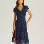 Navy Polka Dot Cap Sleeve Midi Dress